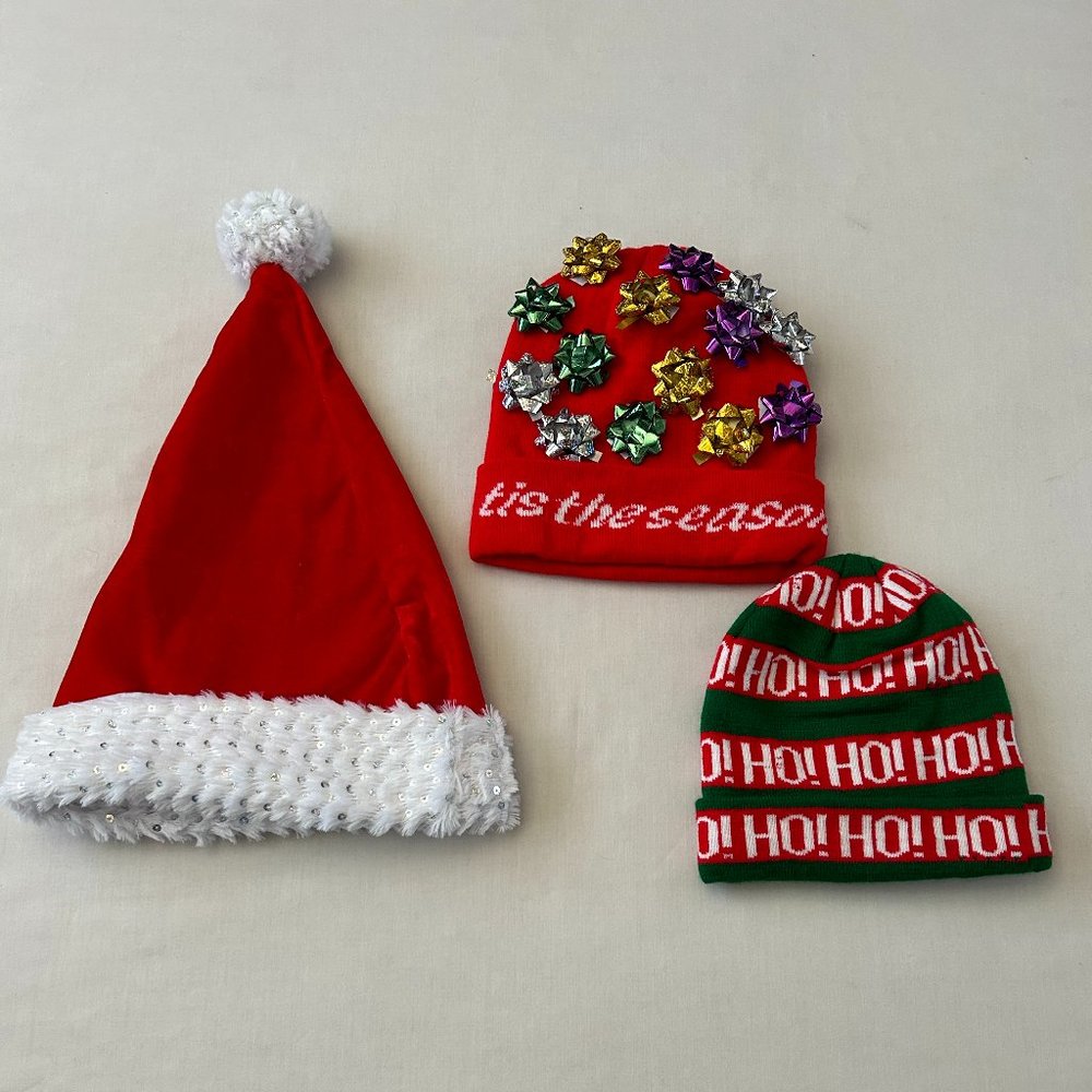 Three Hats Santa Hat with Iridescent Sequins and Two Beanies Tried on Never Worn